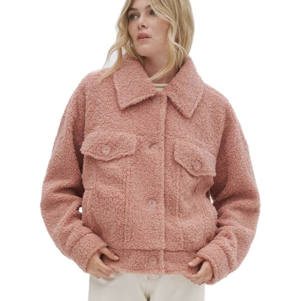 NOIZE Miley Short Button Teddy Trucker Jacket Pink S